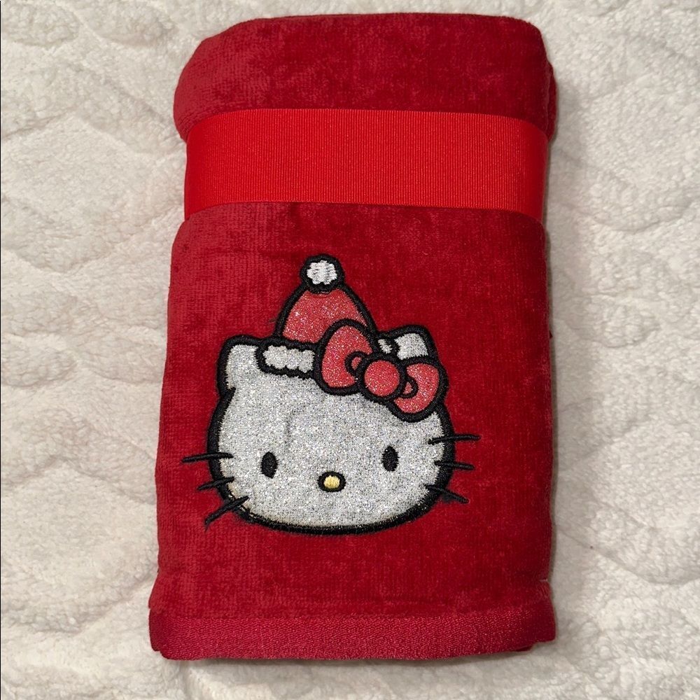 Hello Kitty 2 Pack Red Silver Metallic Black Christmas Hand Towels Bow Wrap